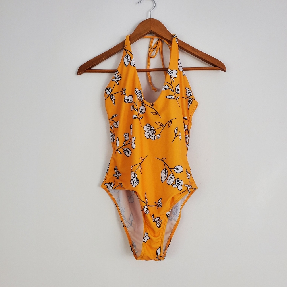 Floral Line Art Plung Halter One Piece Swimsuit